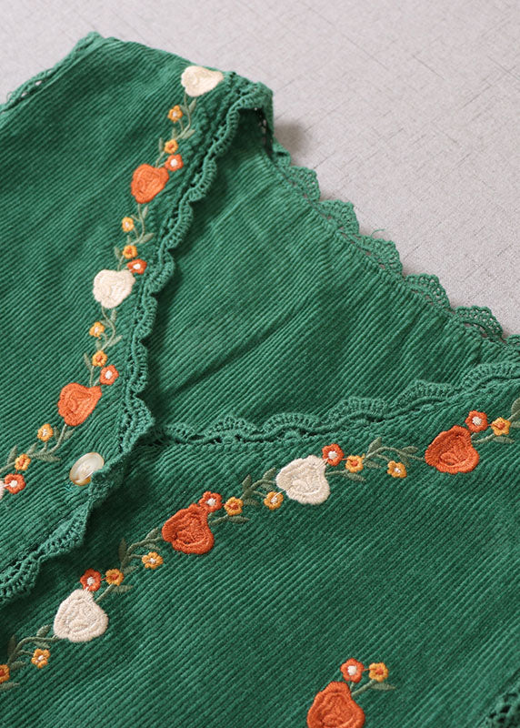 Green Embroideried Patchwork Corduroy Vacation Dresses Sleeveless