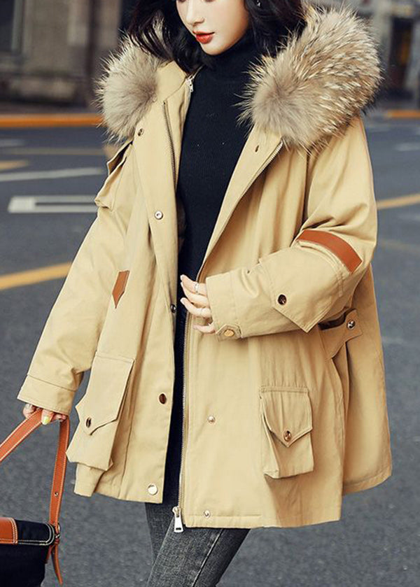 Army Green Zip Up Fur Collar Cotton Blend Puffer Parka Jacket Winter