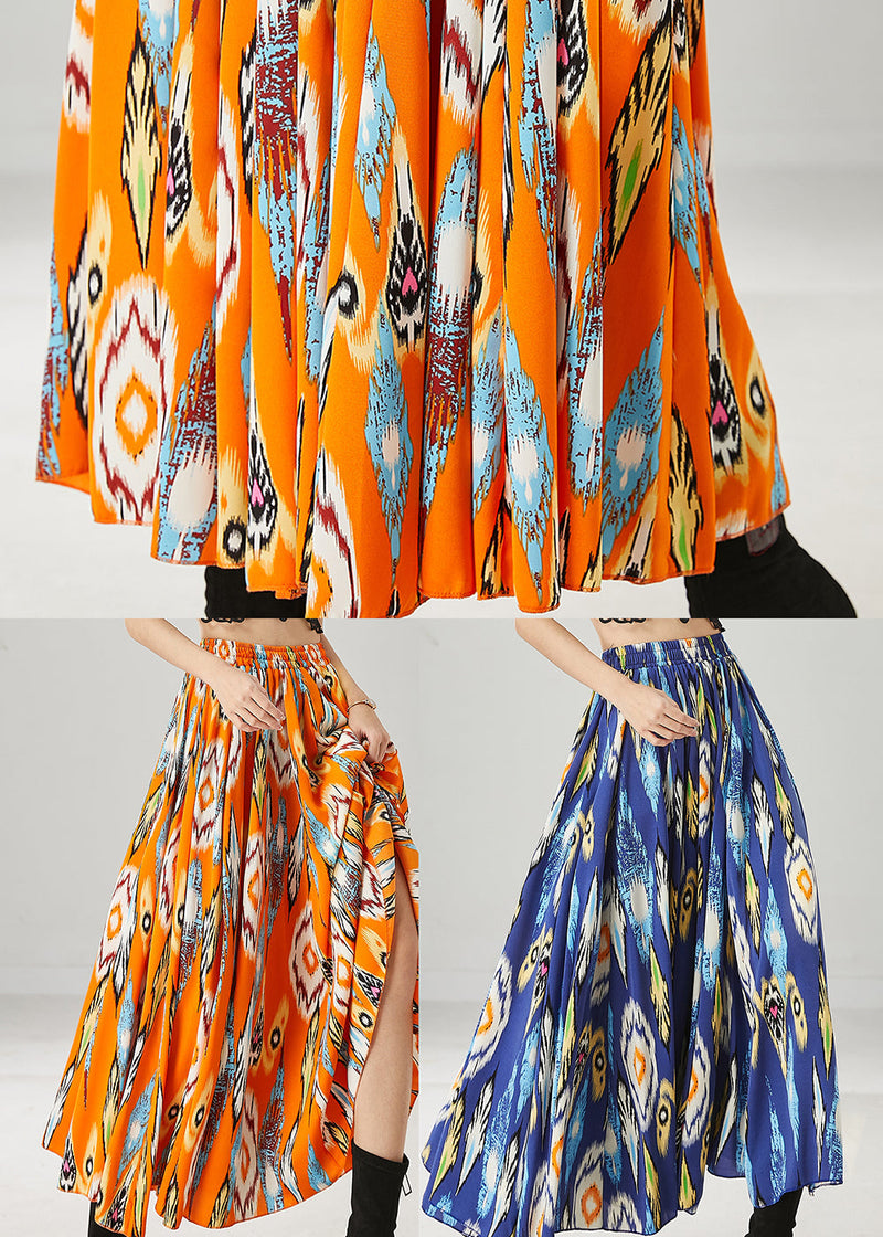 Orange Elastic Waist Print Chiffon Skirt Spring