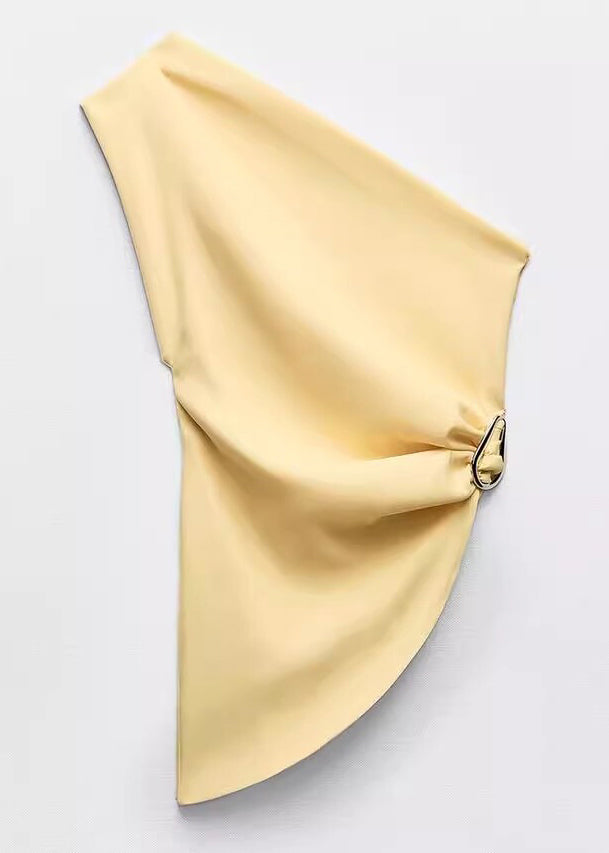 Slim Fit Yellow Asymmetrical Cold Shoulder Cotton Vest Sleeveless