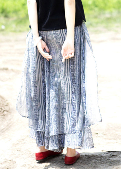 Blue Pockets Print Silk Wide Leg Pants Skirt Summer
