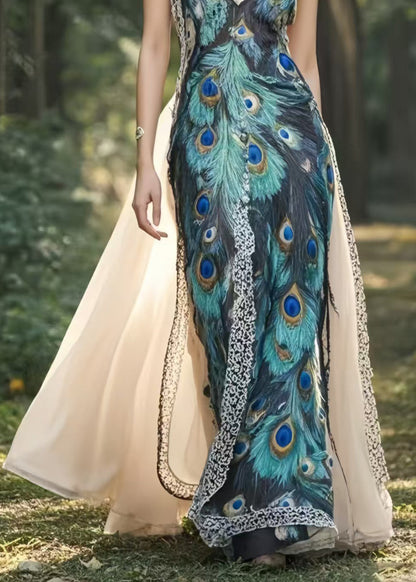 Peacock Feather Print Patchwork Exra Large Hem Chiffon Party Dress Summer