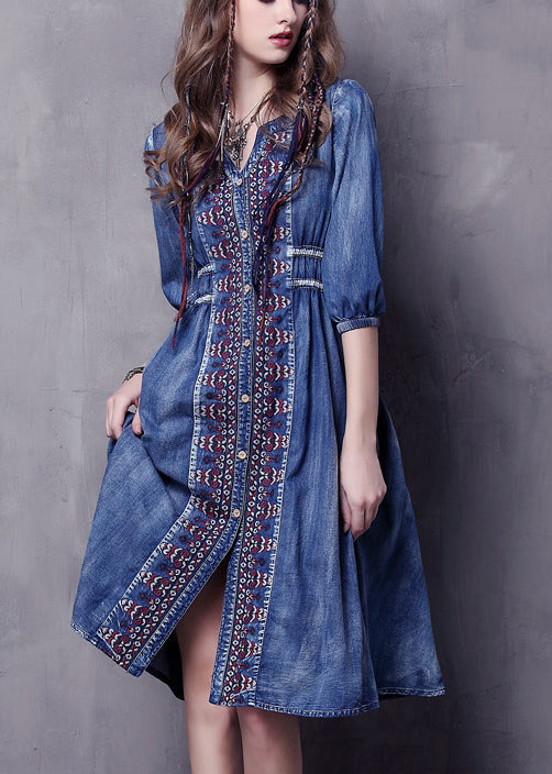Blue V Neck Embroideried Cotton Vacation Denim Dresses Half Sleeve