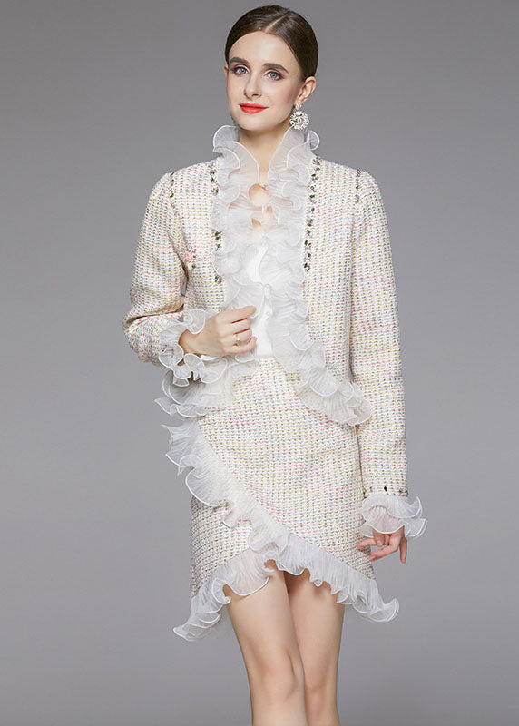 Beige Asymmetrical Patchwork Ruffles Woolen Two Piece Suit Set Fall