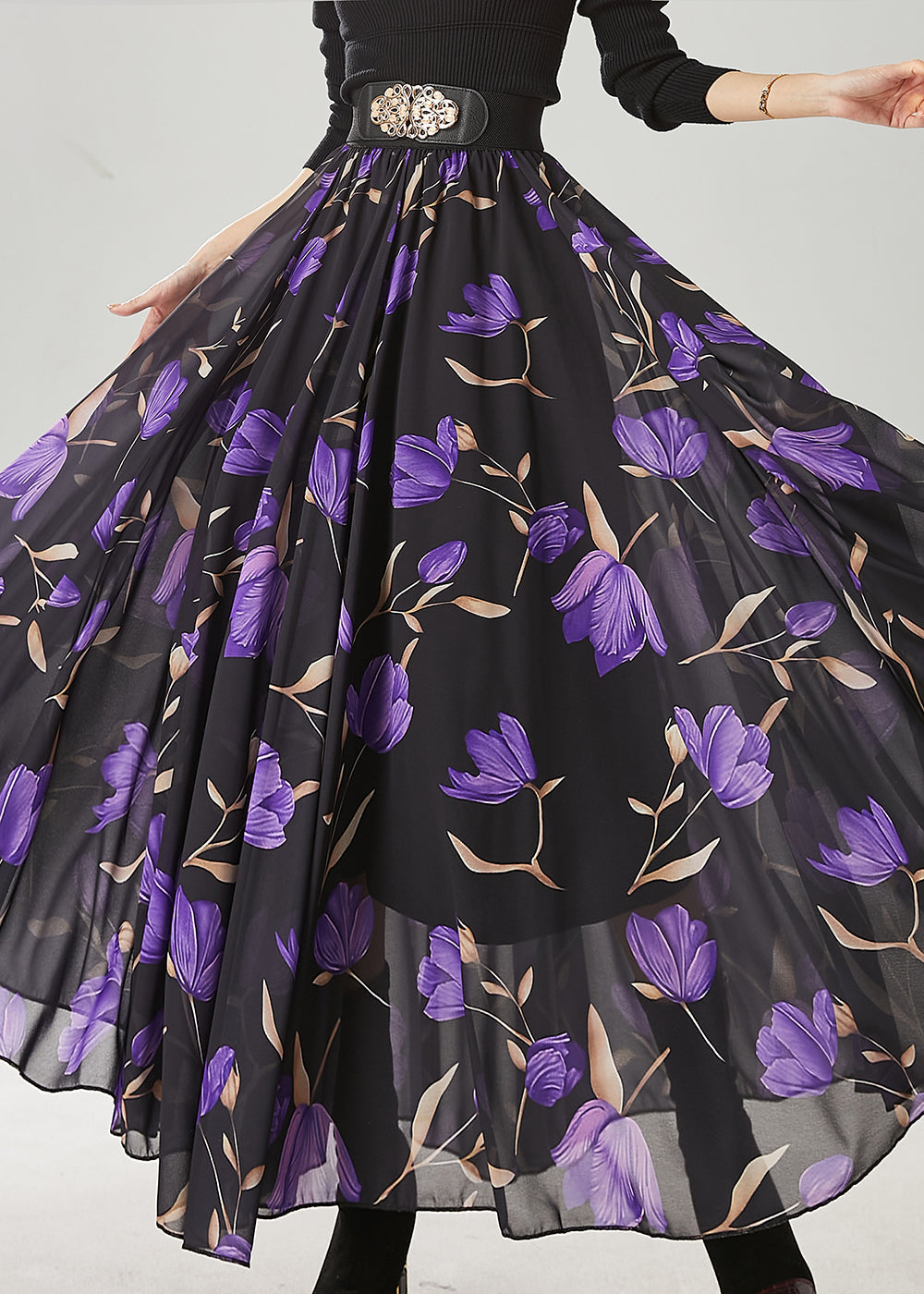 Black Tulip Print Exra Large Hem Chiffon Skirt Spring