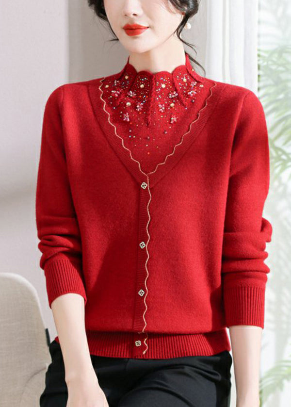 Red Zircon False Two Pieces Woolen Short Sweater Spring
