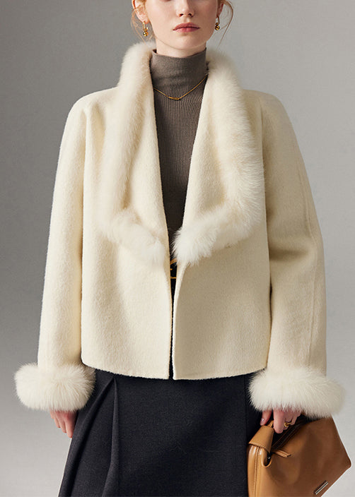 White Peter Pan Collar Patchwork Fox Fur Wool Cardigan Winter