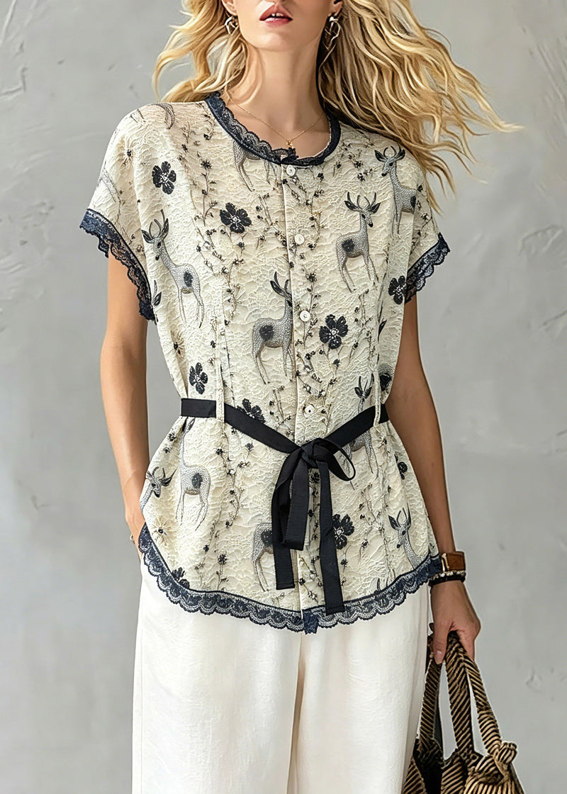 Khaki Lace Patchwork Tie Waist Silk Tops Short Sleeve