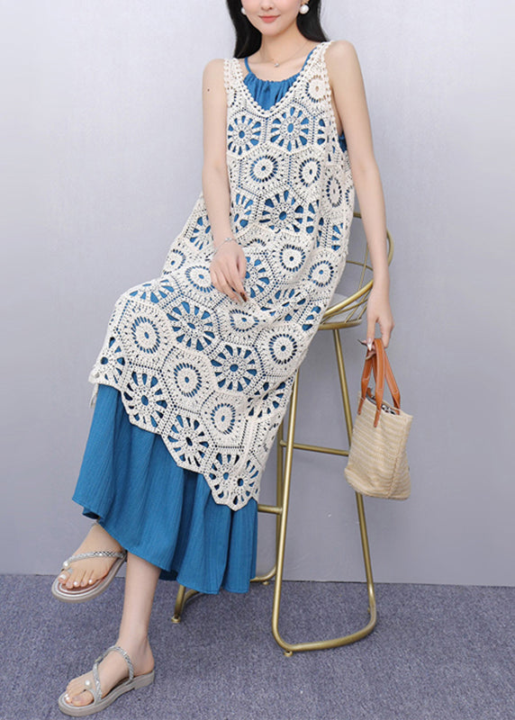 V Neck Hollow Out Long Spaghetti Strap Dress Two Pieces Set Sleeve