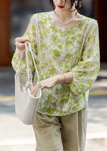 Organic Fluorescent Green O-neck Patchwork Chiffon Shirts Fall
