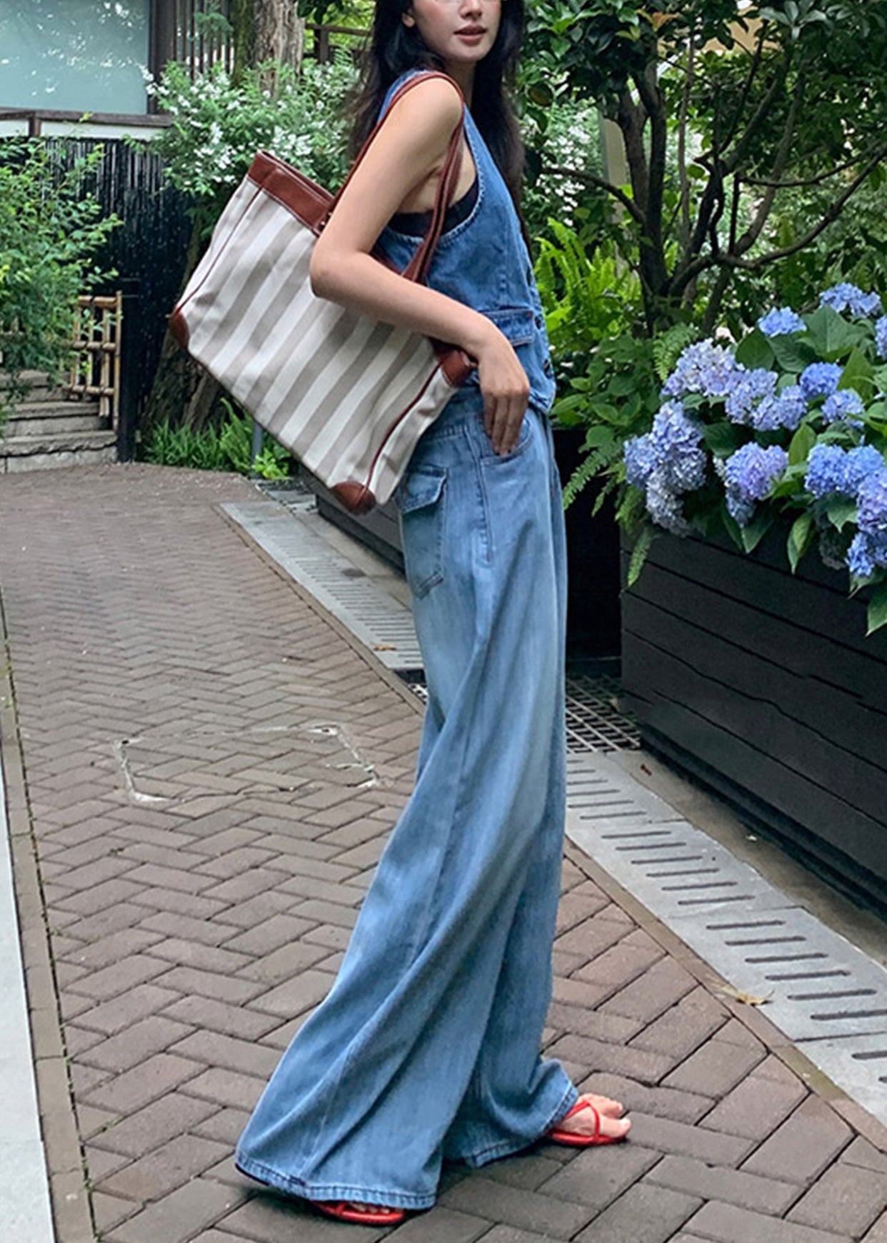 Blue High Waist Draping Denim Straight Pants Fall