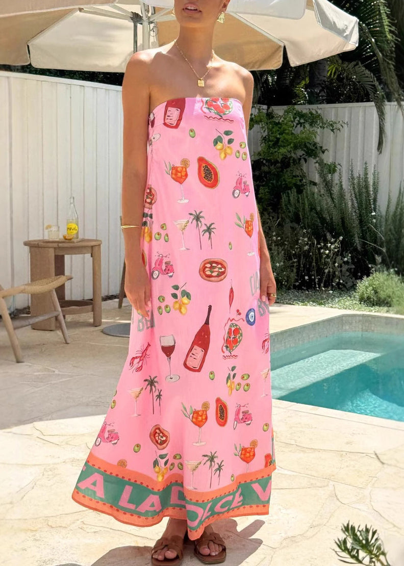 Pink Print Strapless Cotton Vacation Maxi Dress