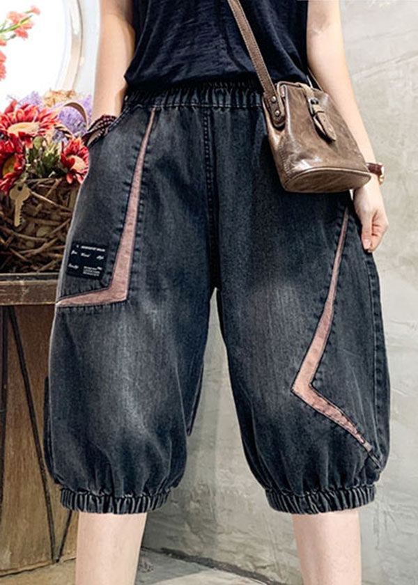 Black Grey Elastic Waist Asymmetrical Applique Cotton Denim Crop Pants Summer