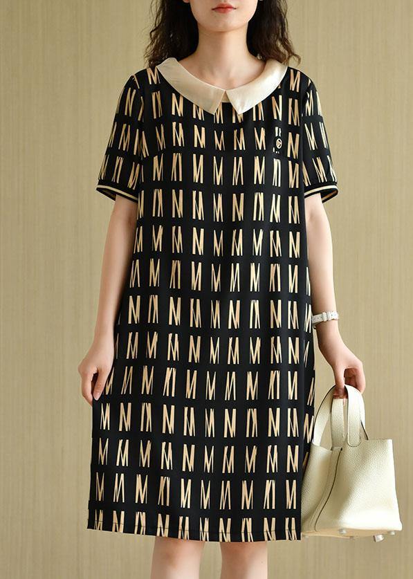 Classy Black Peter Pan Collar Graphic Patchwork Summer Maxi Dress Short Sleeve