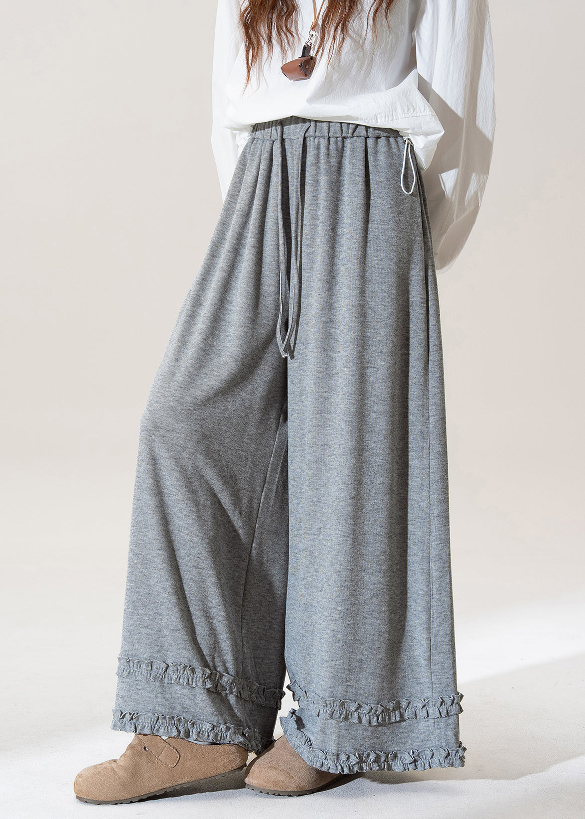 Grey Ruffled Elastic Waist Patchwork Cotton Wide Leg Pants Fall