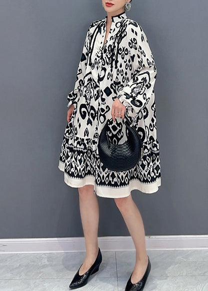 White Stand Collar Print Maxi Dresses Lantern Sleeve