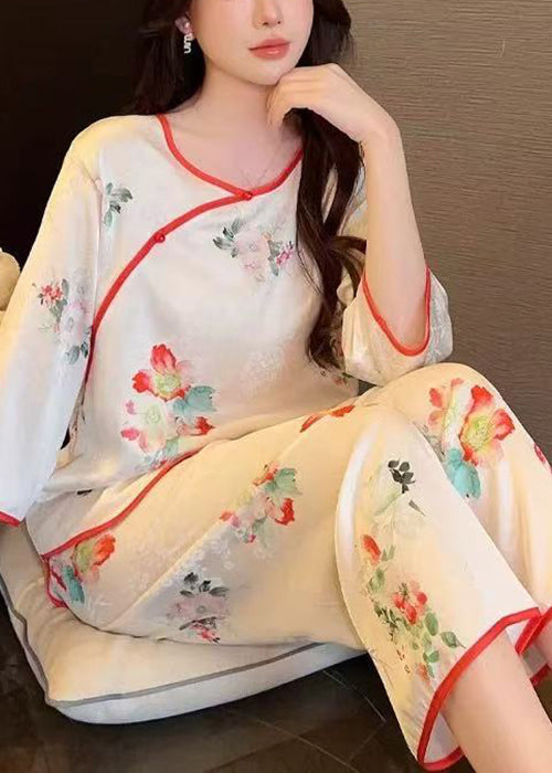White Print Tops and Crop Pants Ice Silk Pajamas Two-piece Set Summer