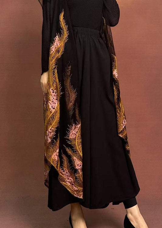 Original Design Black Embroidered Wide Leg Pants Spring