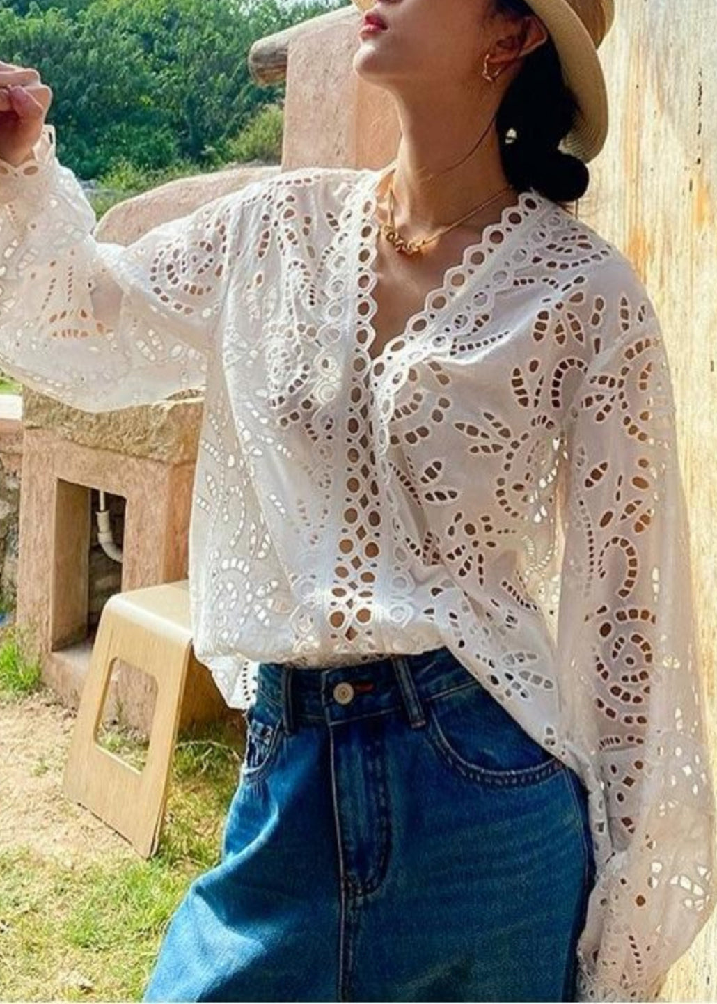 White Oversized Hollow Out Cotton Top Fall