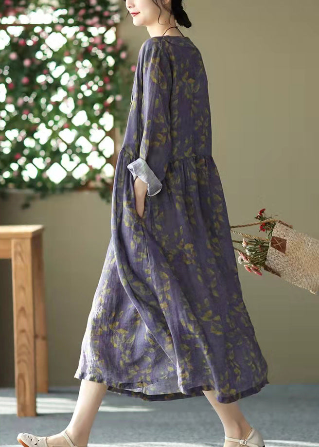 Purple O-neck Cinched Button Print Linen Dress Long Sleeve