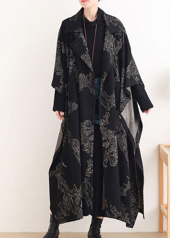 Black Print Peter Pan Collar Button Long Trench Coats