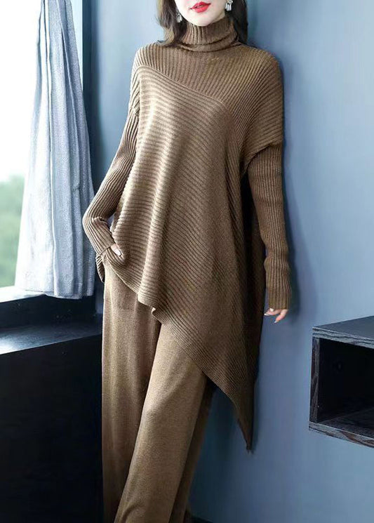 Coffee Patchwork Tops and Pants Woolen Two Piece Suit Set Asymmetrical Fall