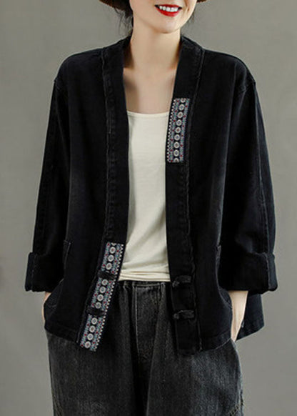 Black Embroideried Pockets Button Patchwork Fall Denim Coat