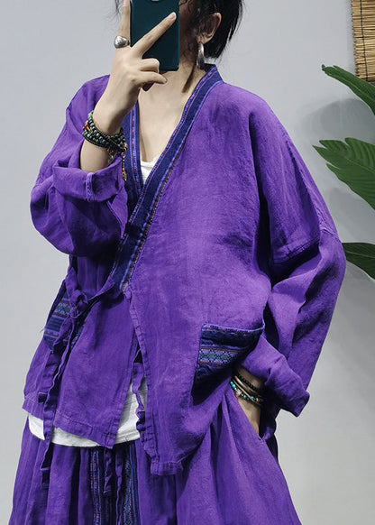 Chinese Style Purple Tie Waist Patchwork Linen Shirt Top a Line Skirt Two Piece Suit Set Long Sleeve