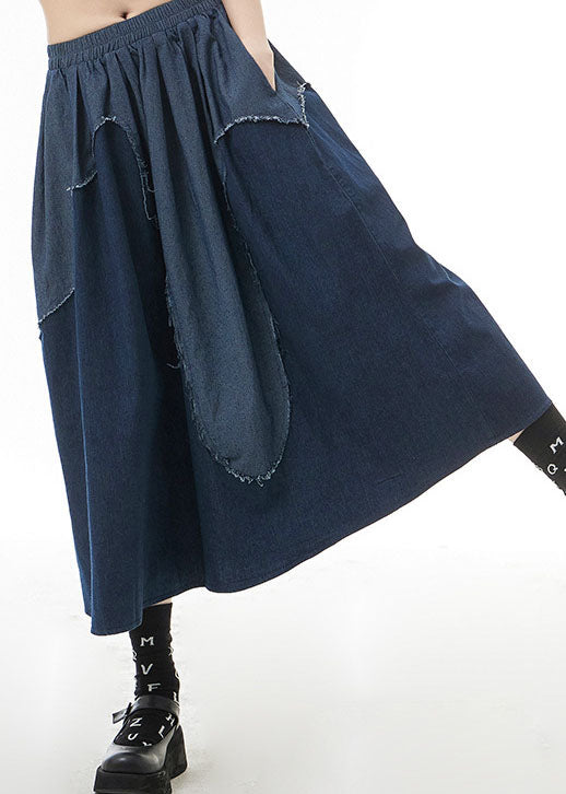 Classy Blue Elastic Waist Patchwork Denim Skirts Spring