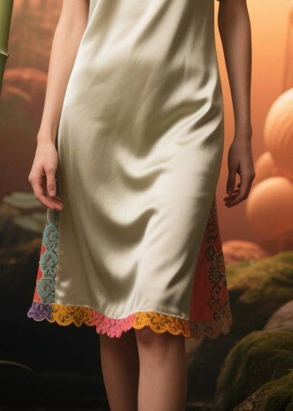 Apricot Oversized Patchwork Lace Silk Tea Dress Summer