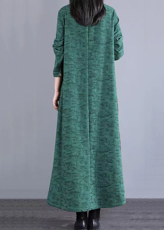 Green Stand Collar Patchwork Cotton Long Dresses Fall