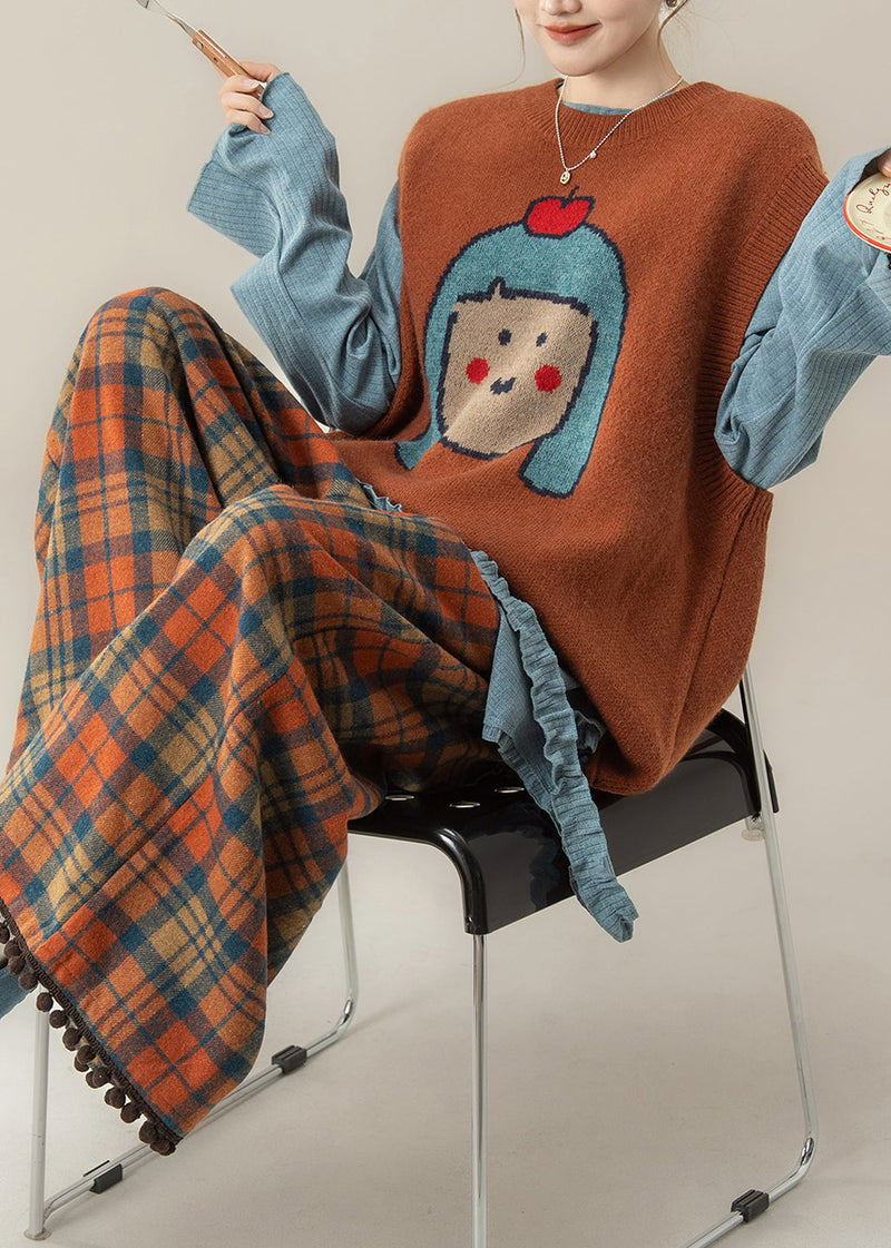 Japanese Style Orange O-neck Cartoon Knitted Vest and T Shirt Pants Set Spring