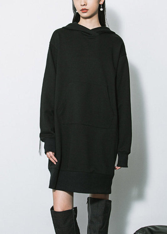 Black Patchwork Tassel Cotton Hooded Mid Dresses Fall