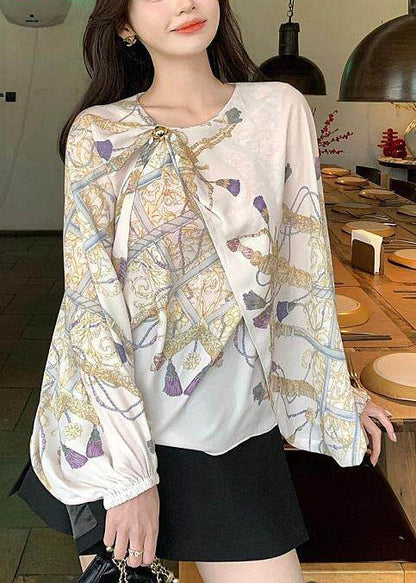 Beige Asymmetrical Print Chiffon Shirt Spring