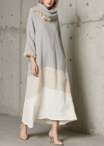 Grey Oversized Patchwork Faux Fur Long Dress Fall