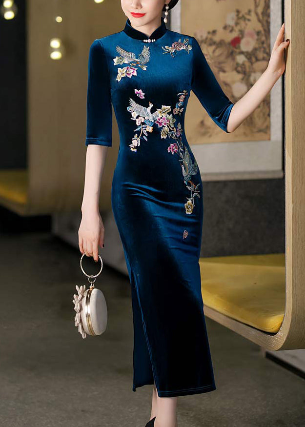 Italian Peacock Blue Stand Collar Embroideried Silk Velour Dresses Half Sleeve