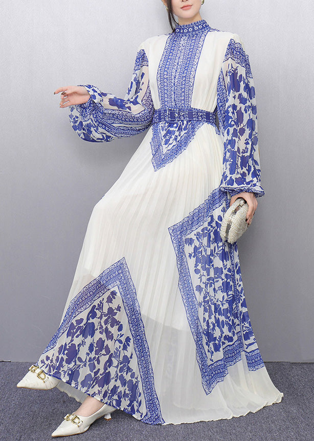 Blue Tunic Print Chiffon Pleated Dresses Summer