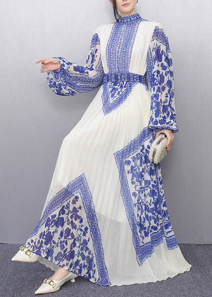 Blue Tunic Print Chiffon Pleated Dresses Summer