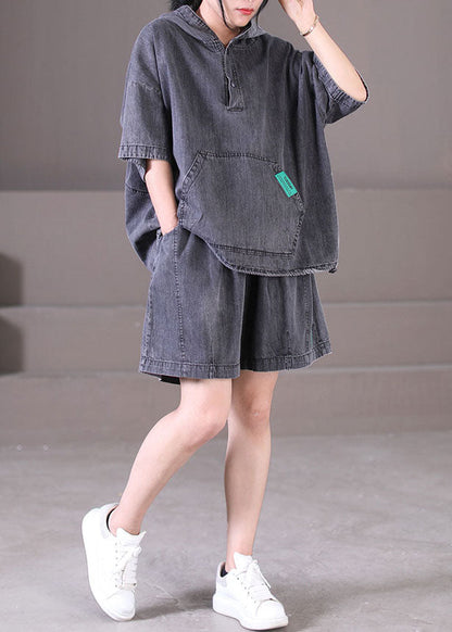 Dark Grey Hooded Elastic Waist Pockets Cotton Denim Two Piece Set Outfits Summer