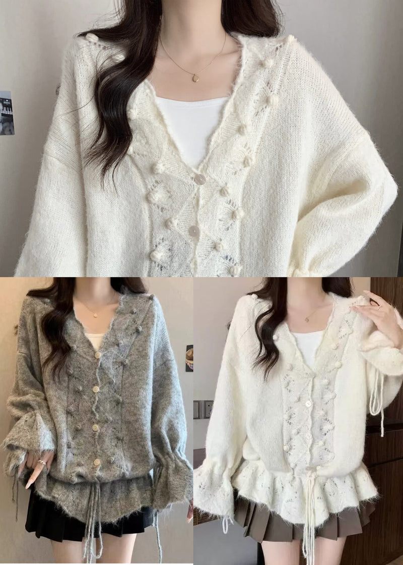 White Fuzzy Ball Decorated Drawstring Knit Cardigans Fall