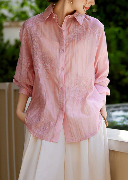 White Peter Pan Collar Embroidered Button Silk Shirts Fall