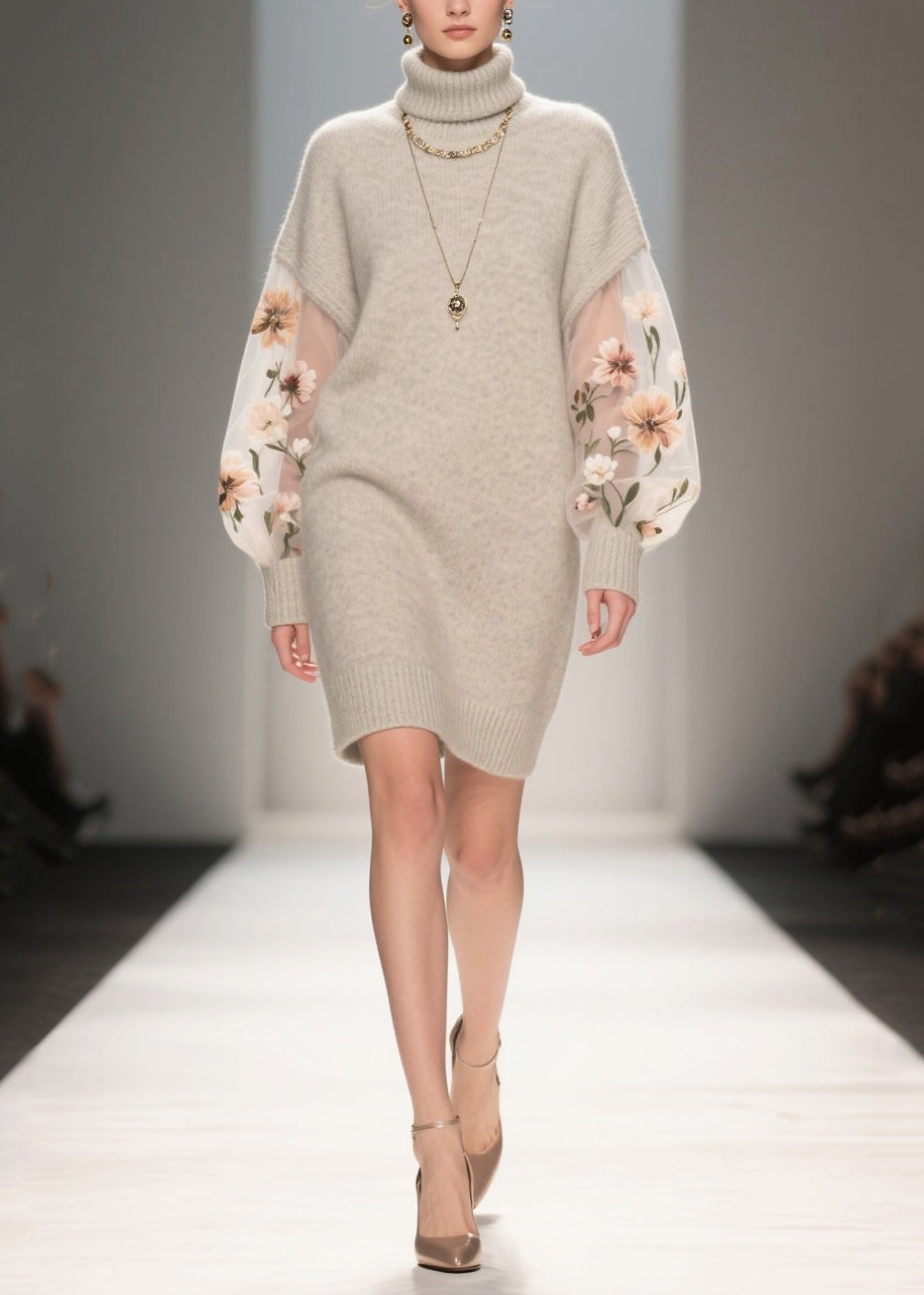 Art Grey Turtle Neck Patchwork Tulle Long Sweater Fall