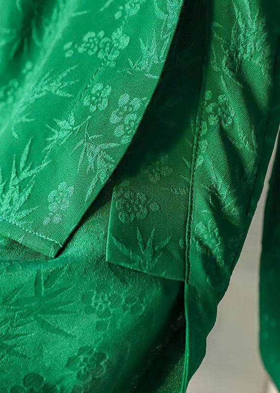 Retro Green Mandarin Collar Button Asymmetrical Design Jacquard Silk Shirts Spring