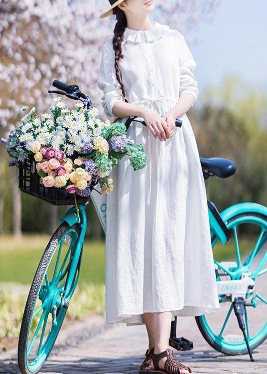 White Ruffles Pockets Summer Linen Dress