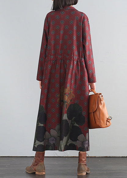 Red V Neck Print Button Maxi Trench Coats Fall
