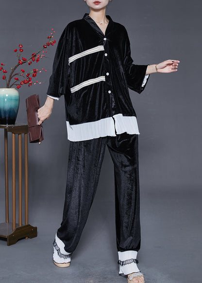 Style Black Oversized Patchwork Silk Velvet Sets 2 Pieces Fall