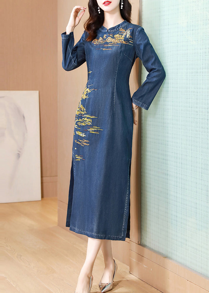 Chinese Style Blue Embroideried Patchwork Denim Long Dress Fall