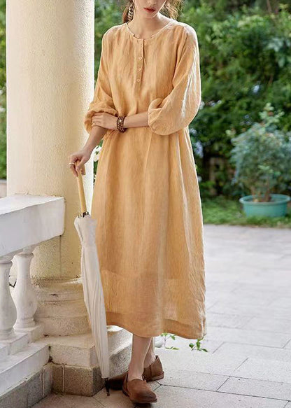 Classy Orange O-neck Button Pockets Cotton Dress Spring