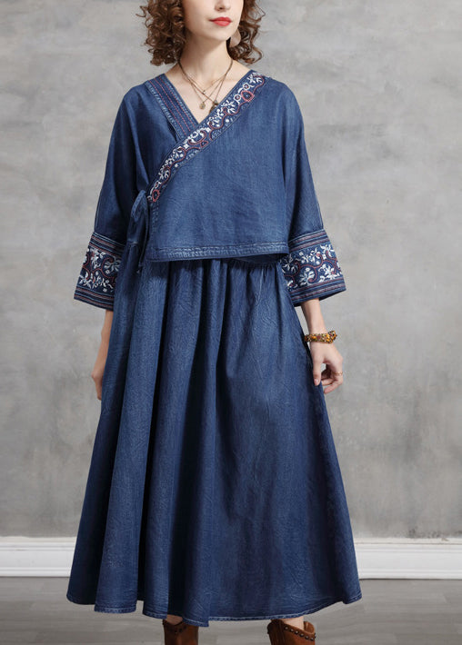 French Blue Cinched V Neck Embroideried Pocket Cotton Dresses Long Sleeve