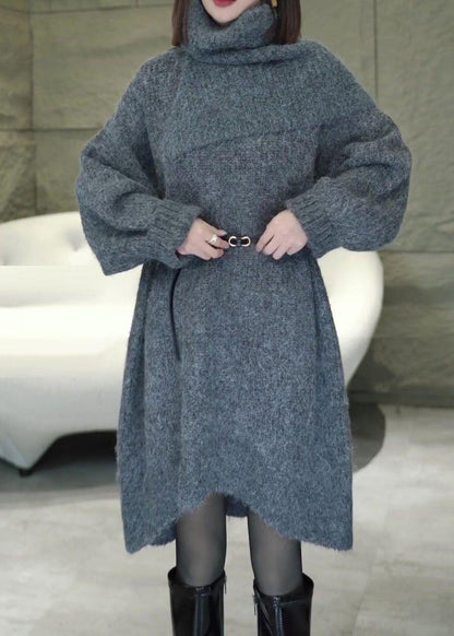 Loose Grey Turtleneck Cozy Knit Sweater Dress Winter